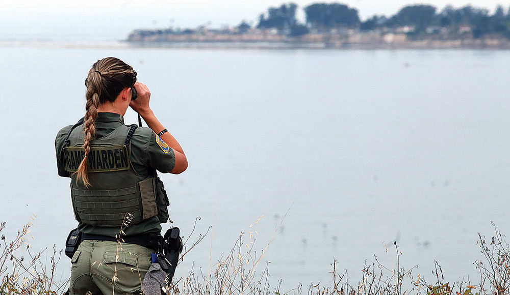Woman in parks uniform peering at a wetland through binoculars