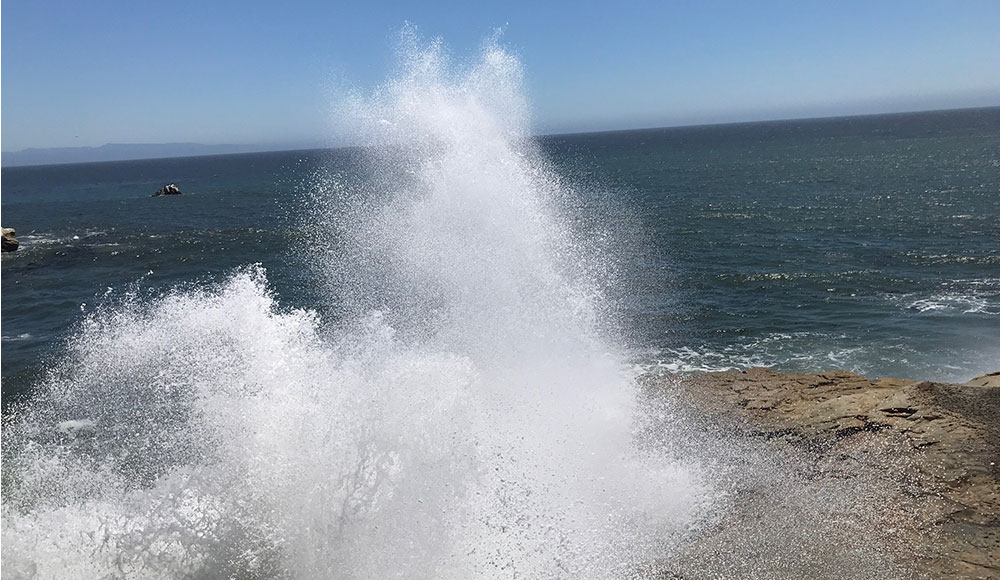 Wave crashing into the shore with spray flying into the air