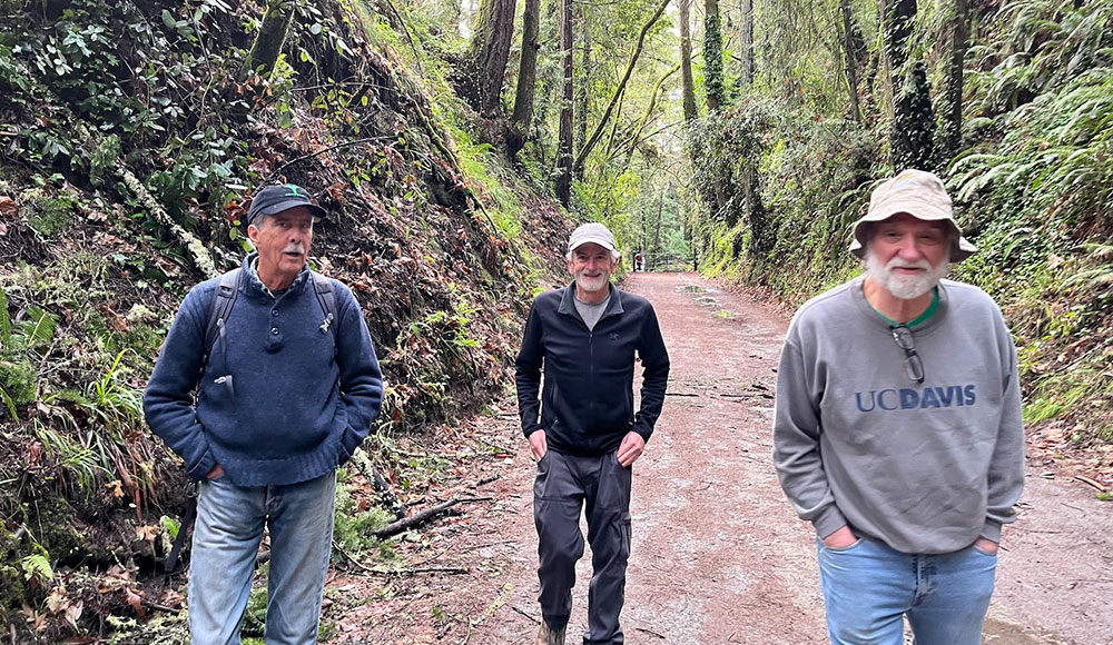 Three men walking along a dirt trail