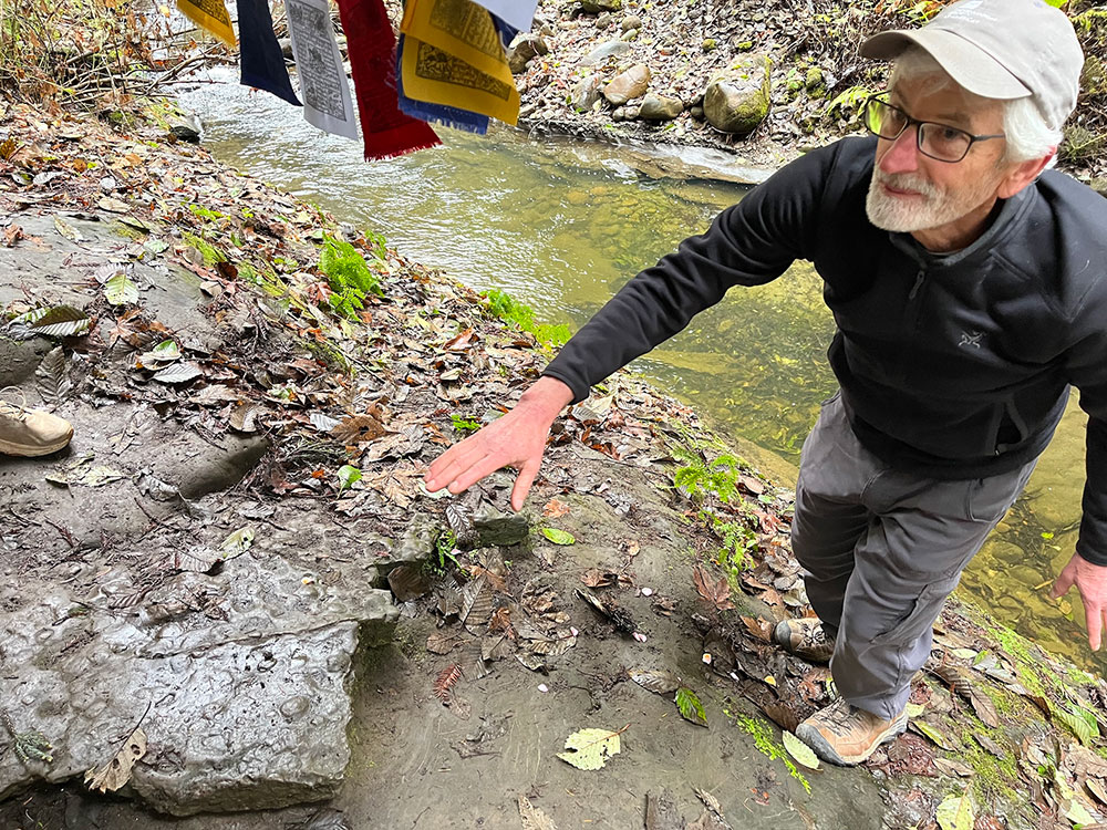 Man by a creek pointing to a rock