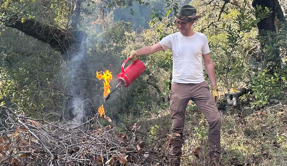 Man starting a small fire in the woods