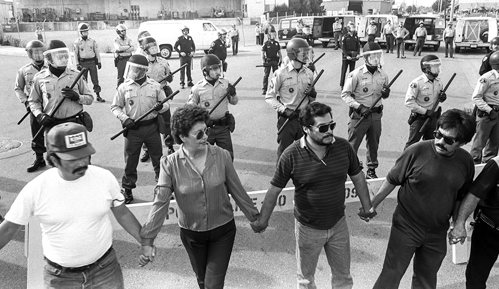 Black-and-white photograph of protestors