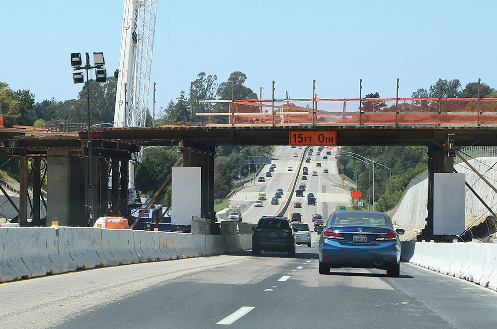 Construction on a bridge over a freeway