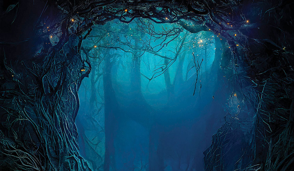 illustration of an opening in a dark forest