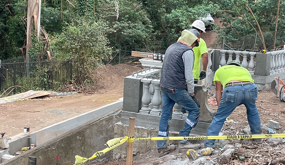 Workers outside a building