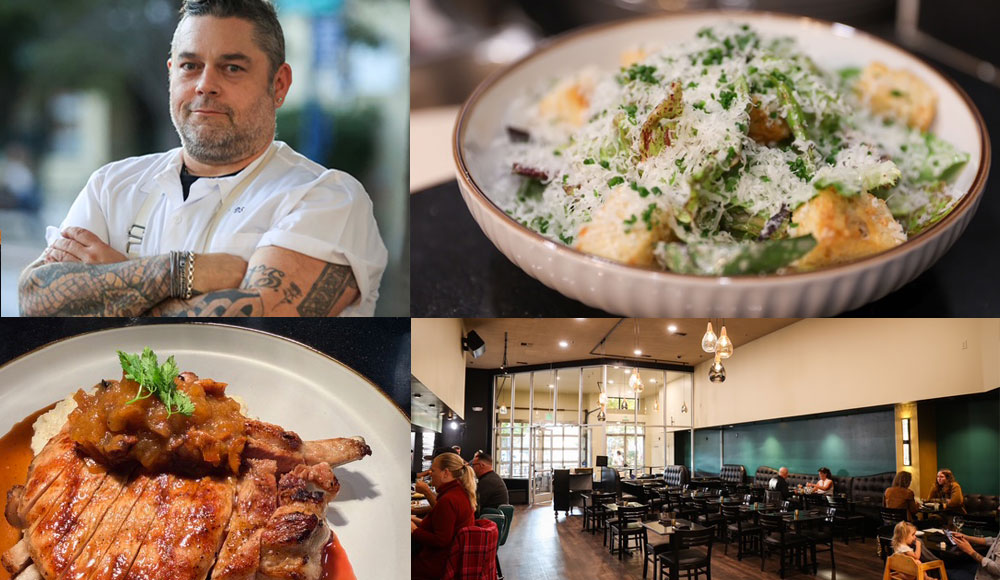 Dining collage with HERE AND NOW Co-owner/chef Desmond Schneider, restaurant interior and two placed dishes