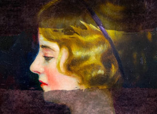 Healing the Canvas Close-up of a woman’s painted profile showing stages of cleaning on an aged oil portrait.