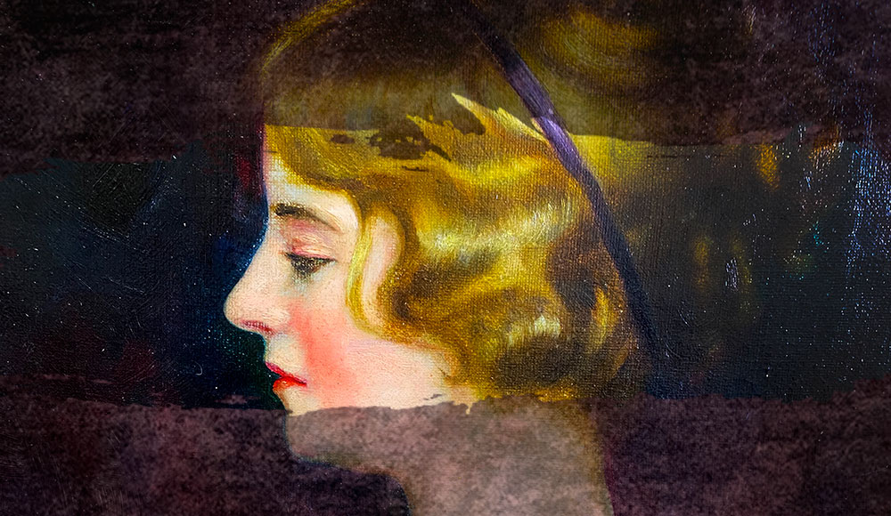Close-up of a woman’s painted profile showing stages of cleaning on an aged oil portrait.