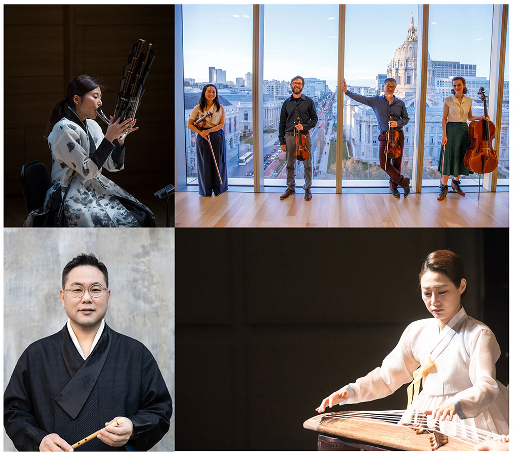 Collage of musicians performing at the Korean Experimental Music Festival, including traditional Korean and Western instrumentalists.