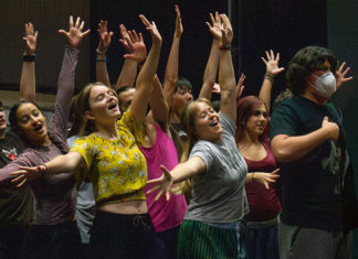 Aye, Aye, Captain Students rehearse an energetic group number for UCSC’s production of The SpongeBob Musical.