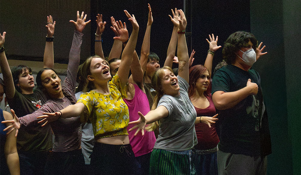 Students rehearse an energetic group number for UCSC’s production of The SpongeBob Musical.