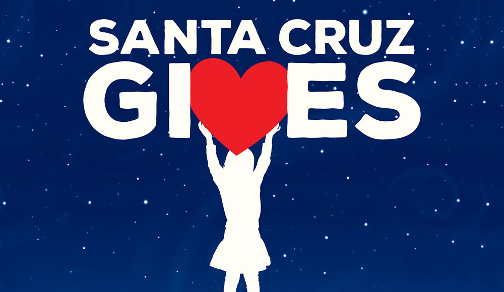 Santa Cruz Gives logo featuring a silhouette holding up a red heart against a starry blue background.